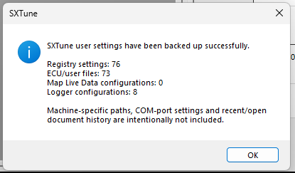 Successful Backup User Settings confirmation.