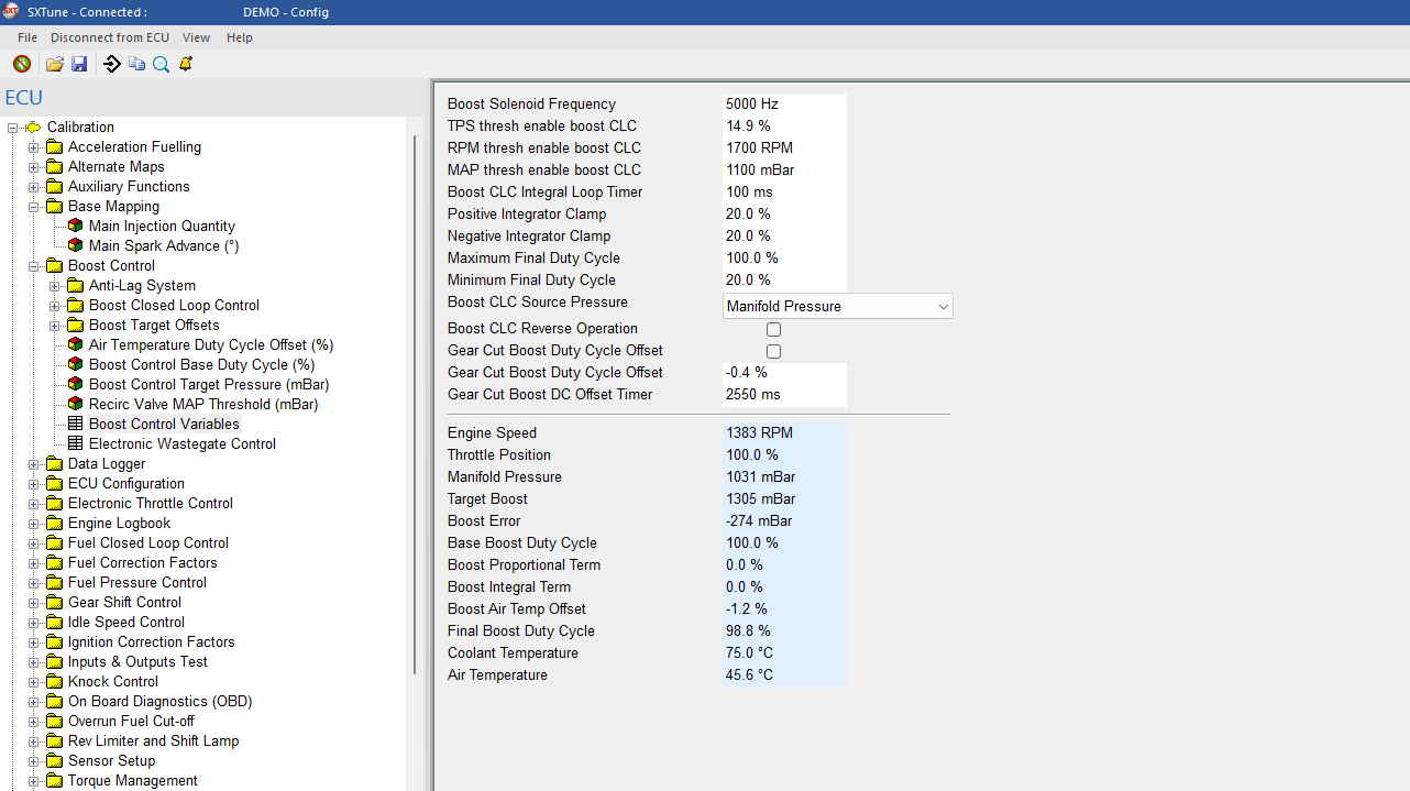 Boost Control Variables with live target, error and duty-cycle values.