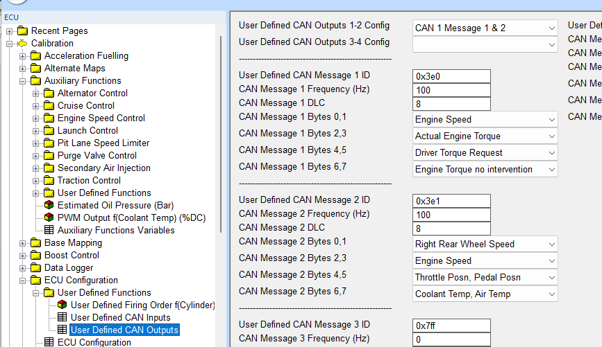 CANTCU User Defined CAN Output settings.