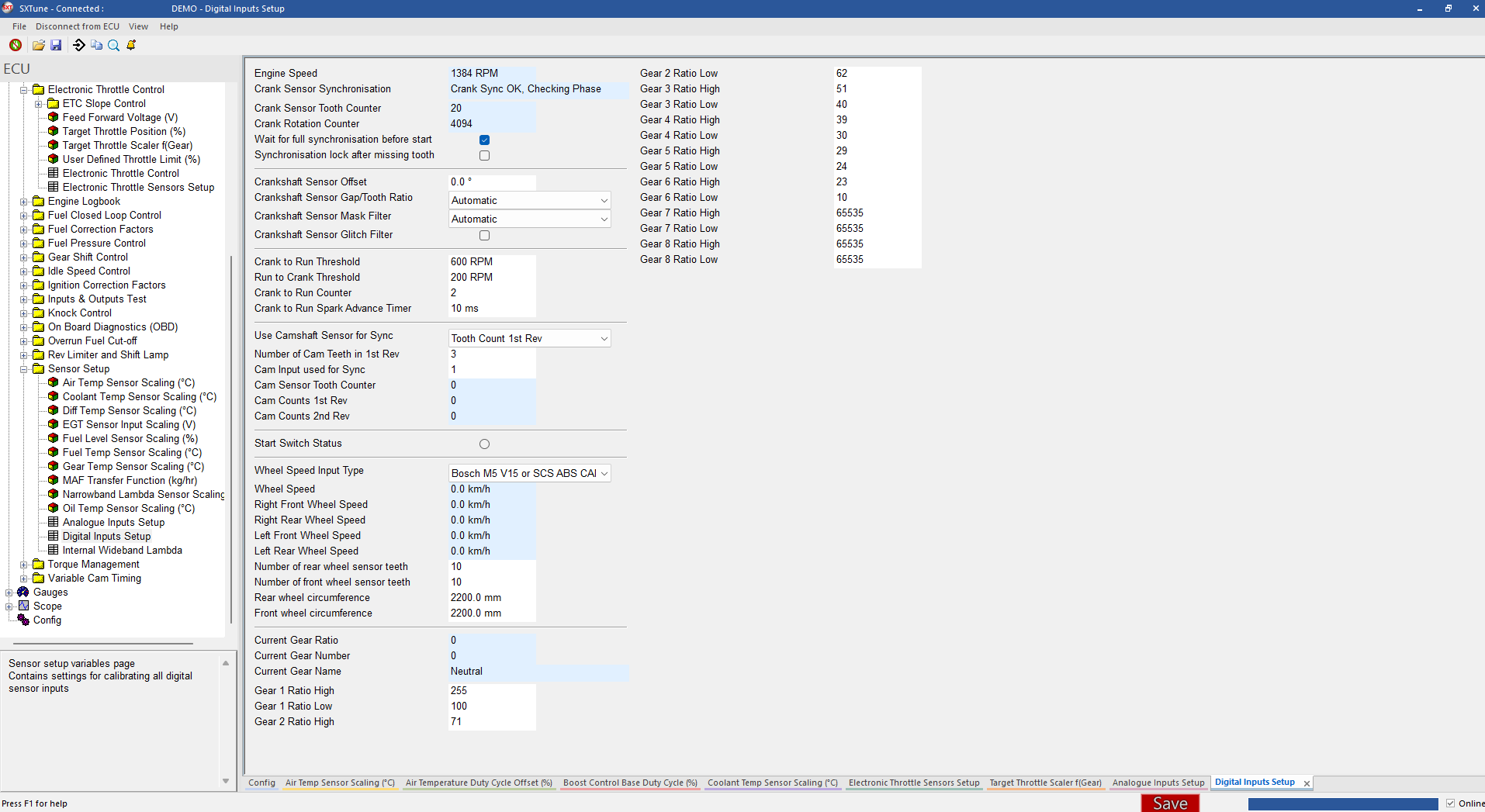 Digital Inputs Setup with live wheel speeds.