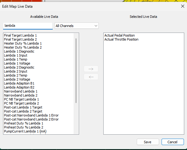 Edit Live Data dialog