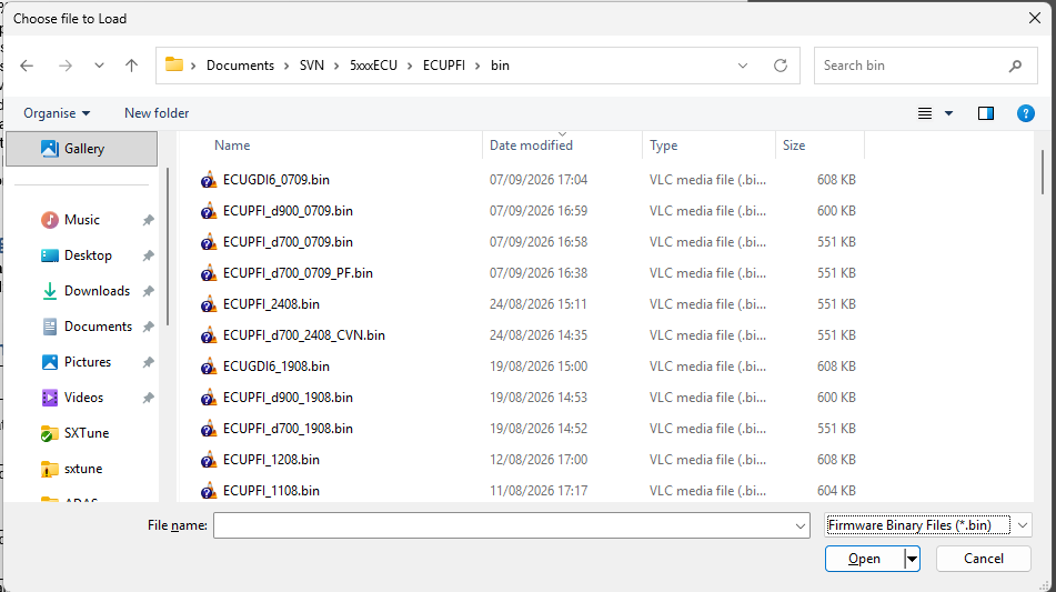 Choose firmware binary file