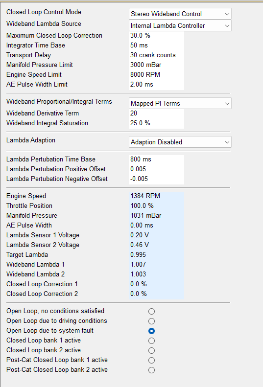 Close-up of the Fuel Closed Loop Control settings