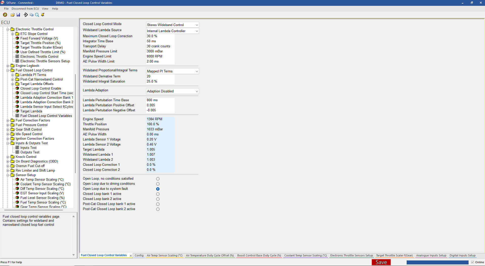Fuel Closed Loop Control Variables in the SXTune interface.