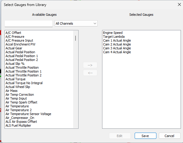Edit Custom Gauges dialog