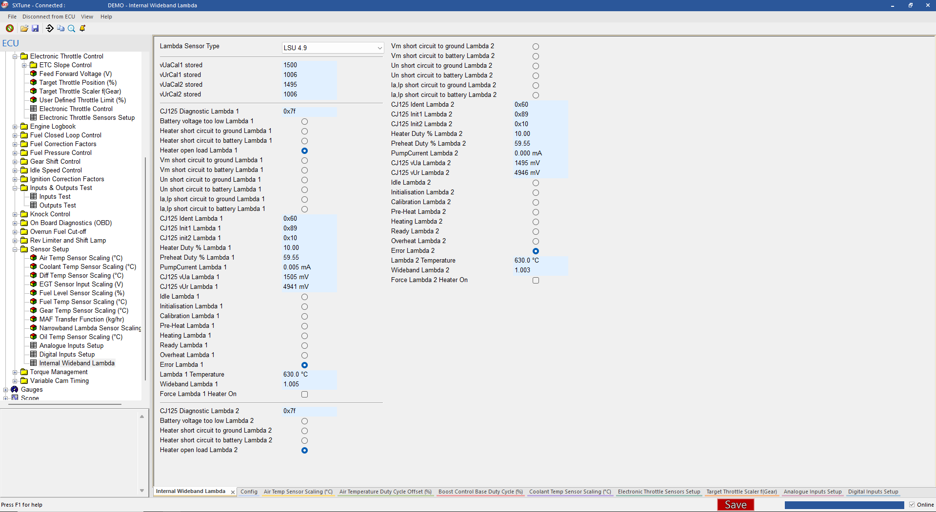 Internal Wideband Lambda hardware/diagnostic page.
