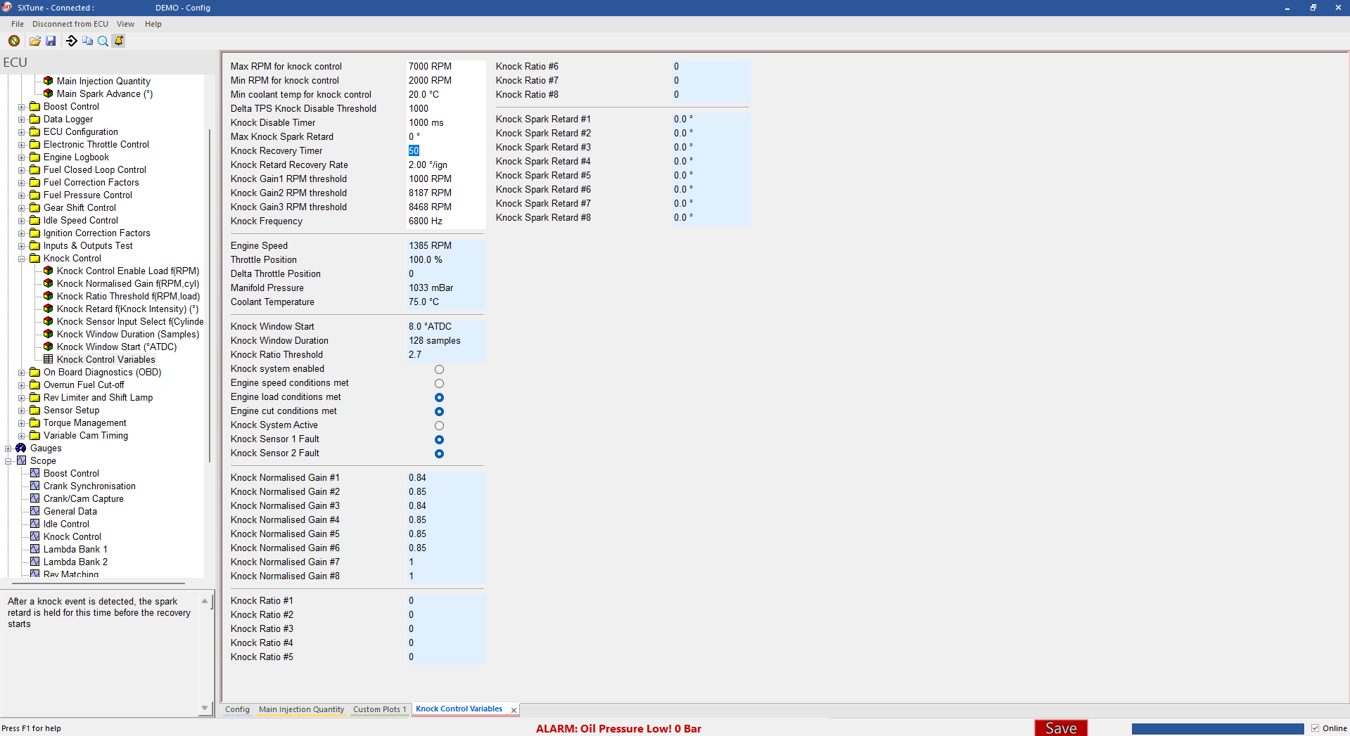 Example SXTune screen with an active alarm message shown in the status area.