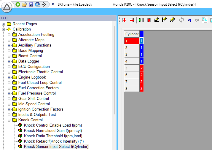 Knock Sensor Input Select map assigning knock sensor inputs to cylinders.