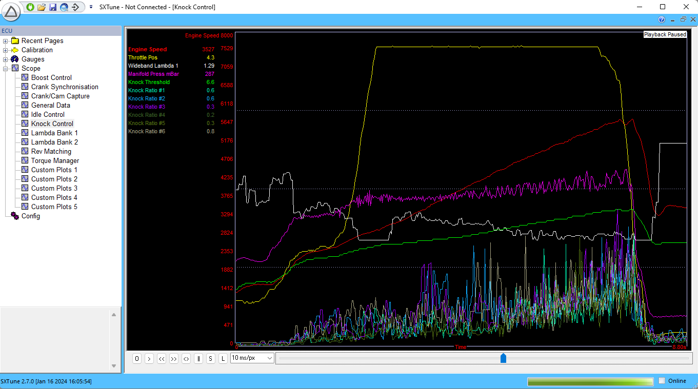 Knock Control Scope trace used to validate knock detection and cylinder-specific retard.