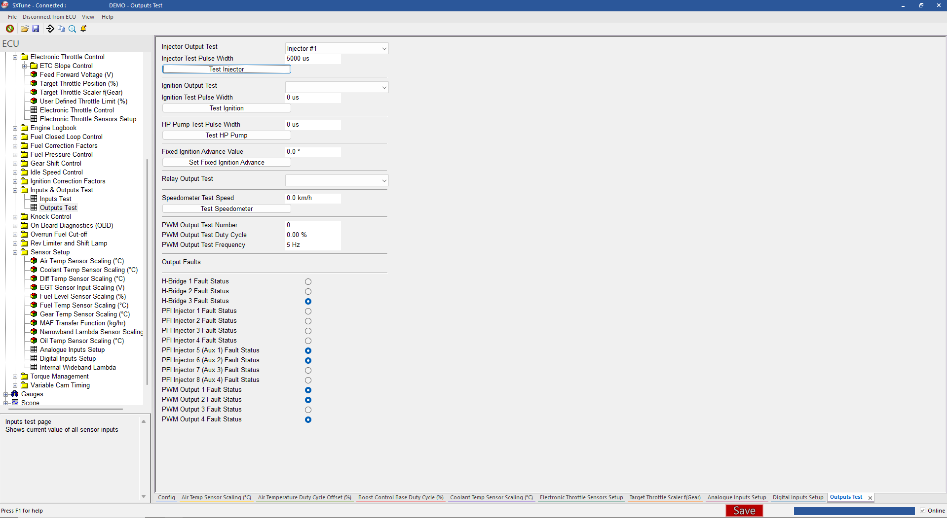 Outputs Test page used for injector, ignition, HP pump, relay, speedometer and PWM output testing.
