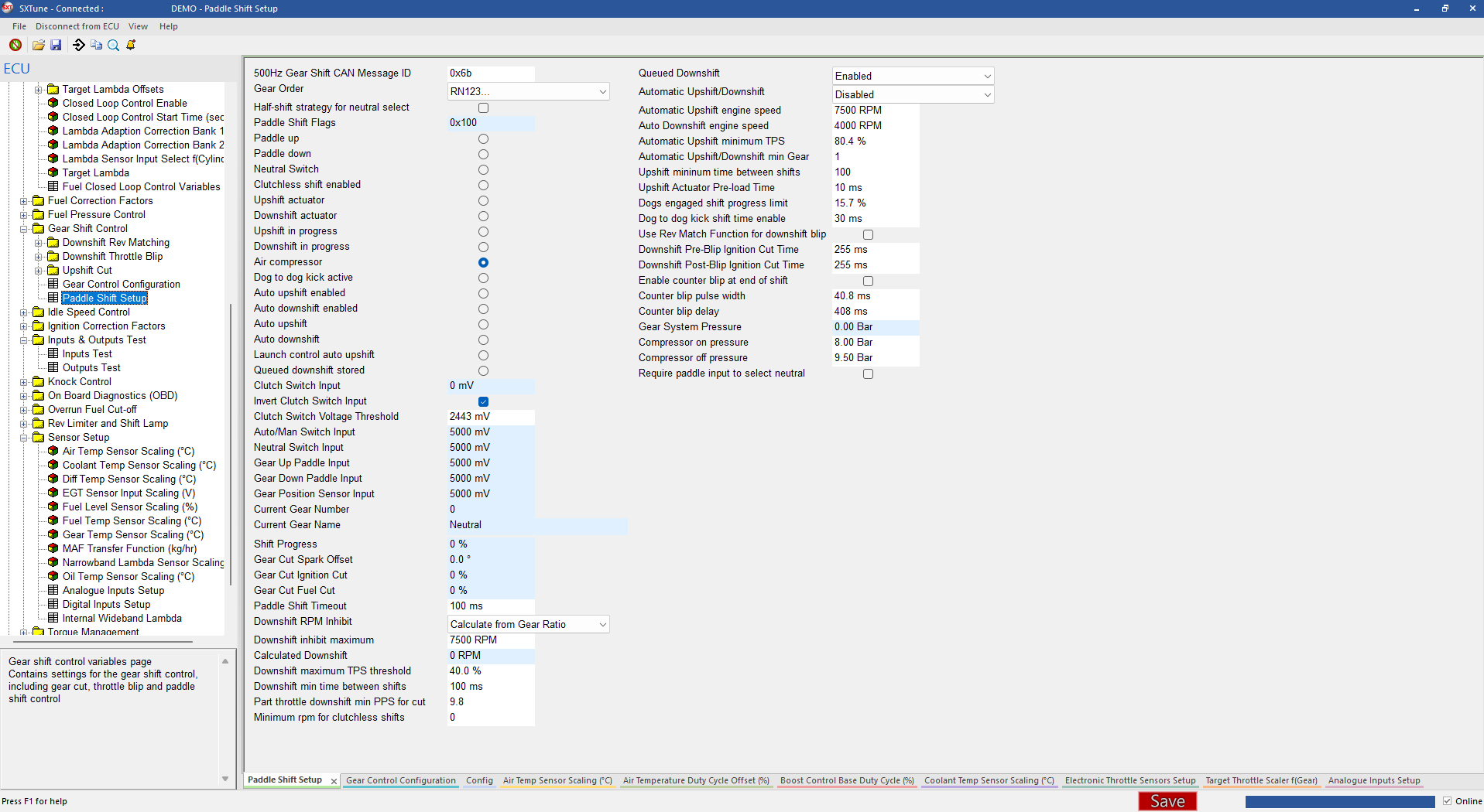 Paddle Shift Setup with shift, blip, clutch, pressure and automatic-shift settings.
