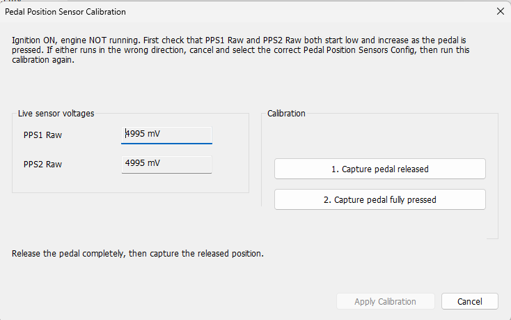 Pedal Position Sensor calibration wizard.