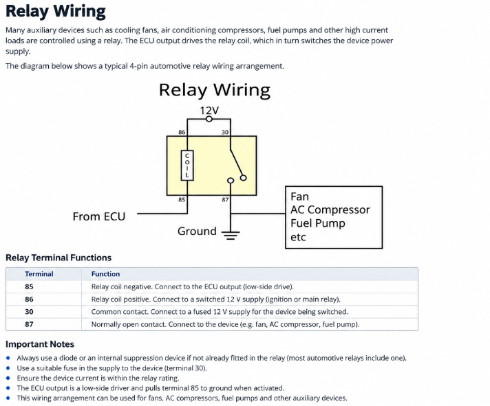 Relay wiring guide showing ECU low-side control, relay terminals and wiring notes.