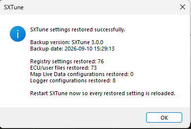 Successful Restore User Settings confirmation.