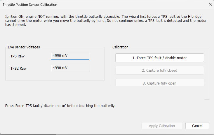 Electronic-throttle TPS calibration wizard.