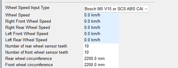 Wheel-speed tooth-count and circumference settings.