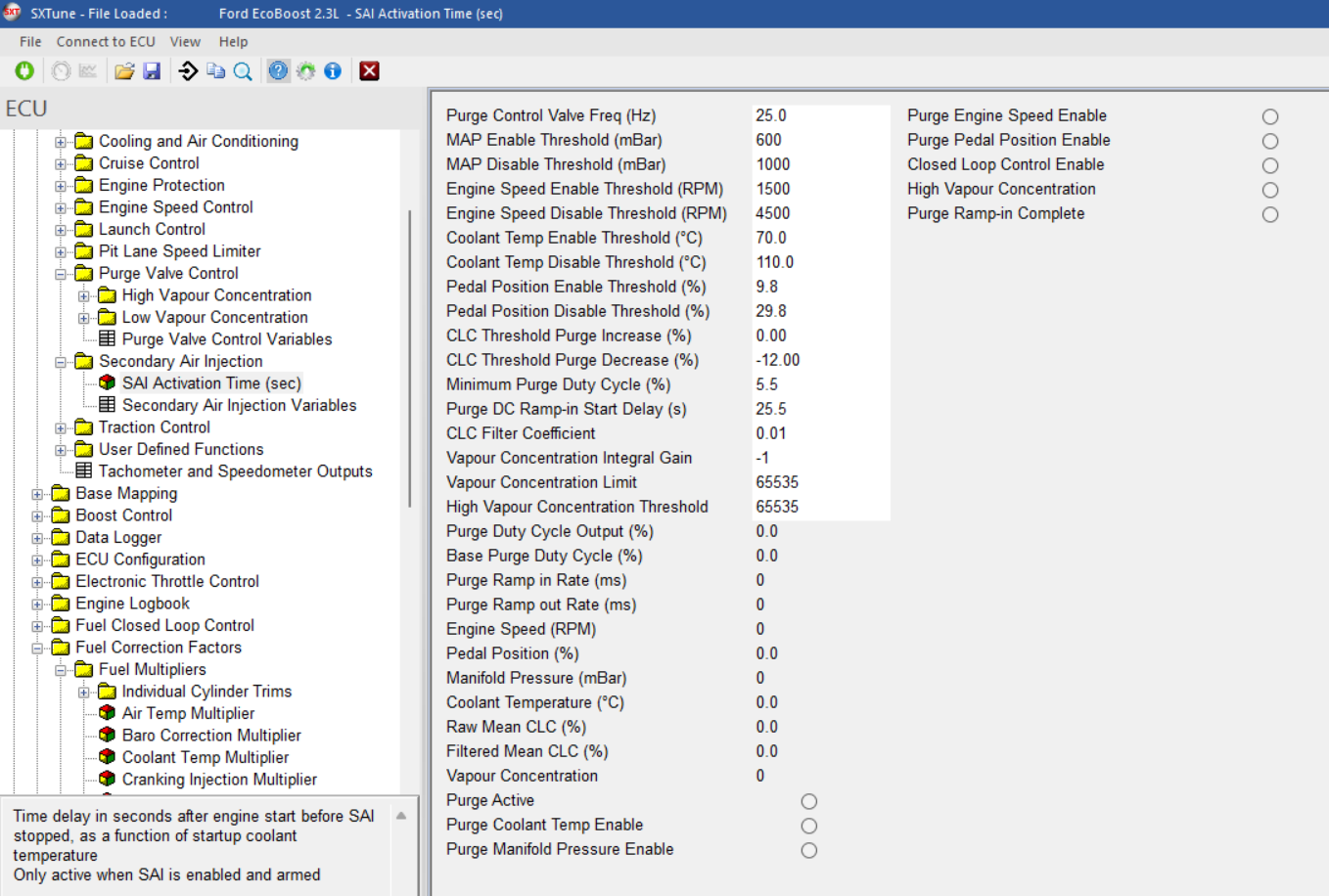 Purge control parameters.